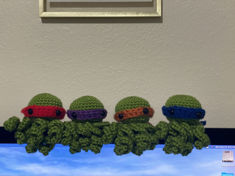 Crocheted teenage mutant ninja turtles created by Chelsie