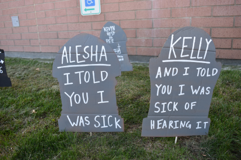 Kelly and Alesha have tombstones outside the dance